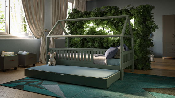 Hausbett Lilly in Eukalyptus mit Flachsprossen (90 x 200cm)