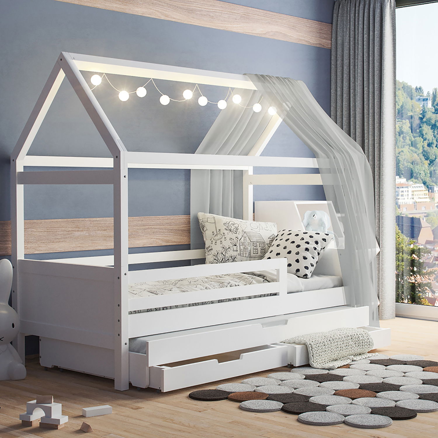 Hausbett Maya mit offenem Dach (inkl. Gästebett u. Bettkasten) 