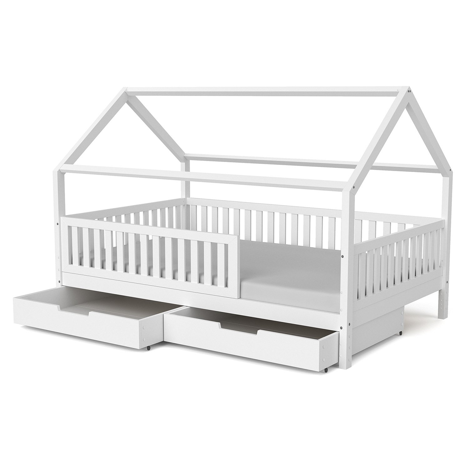 Hausbett Lilly in weiß mit Flachsprossen (120 x 200cm) mit zusätzlichen Bettkästen - (Abbildung ähnlich)