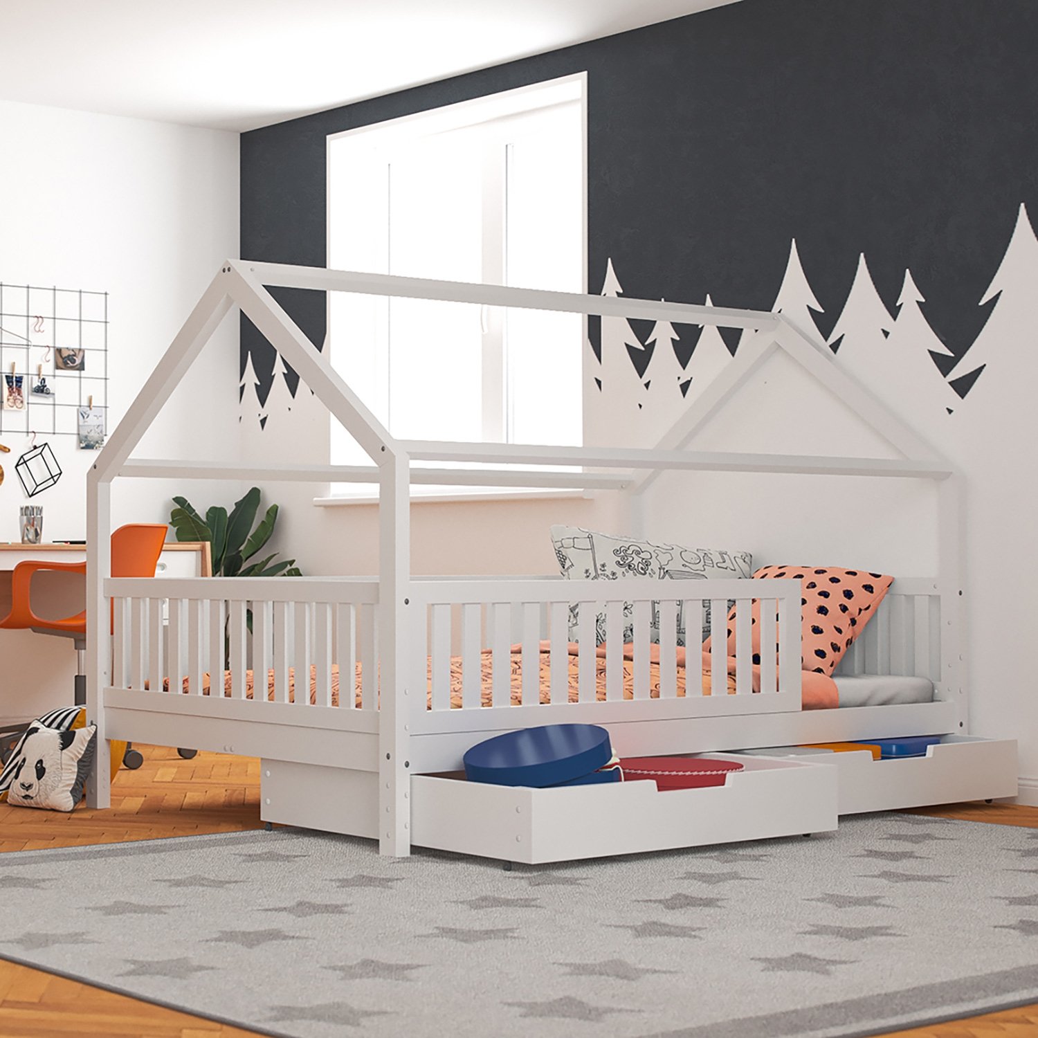 Beispiel zeigt Hausbett Lilly in weiß mit Flachsprossen (120 x 200cm) mit zusätzlichem Gästebett (Abbildung ähnlich)