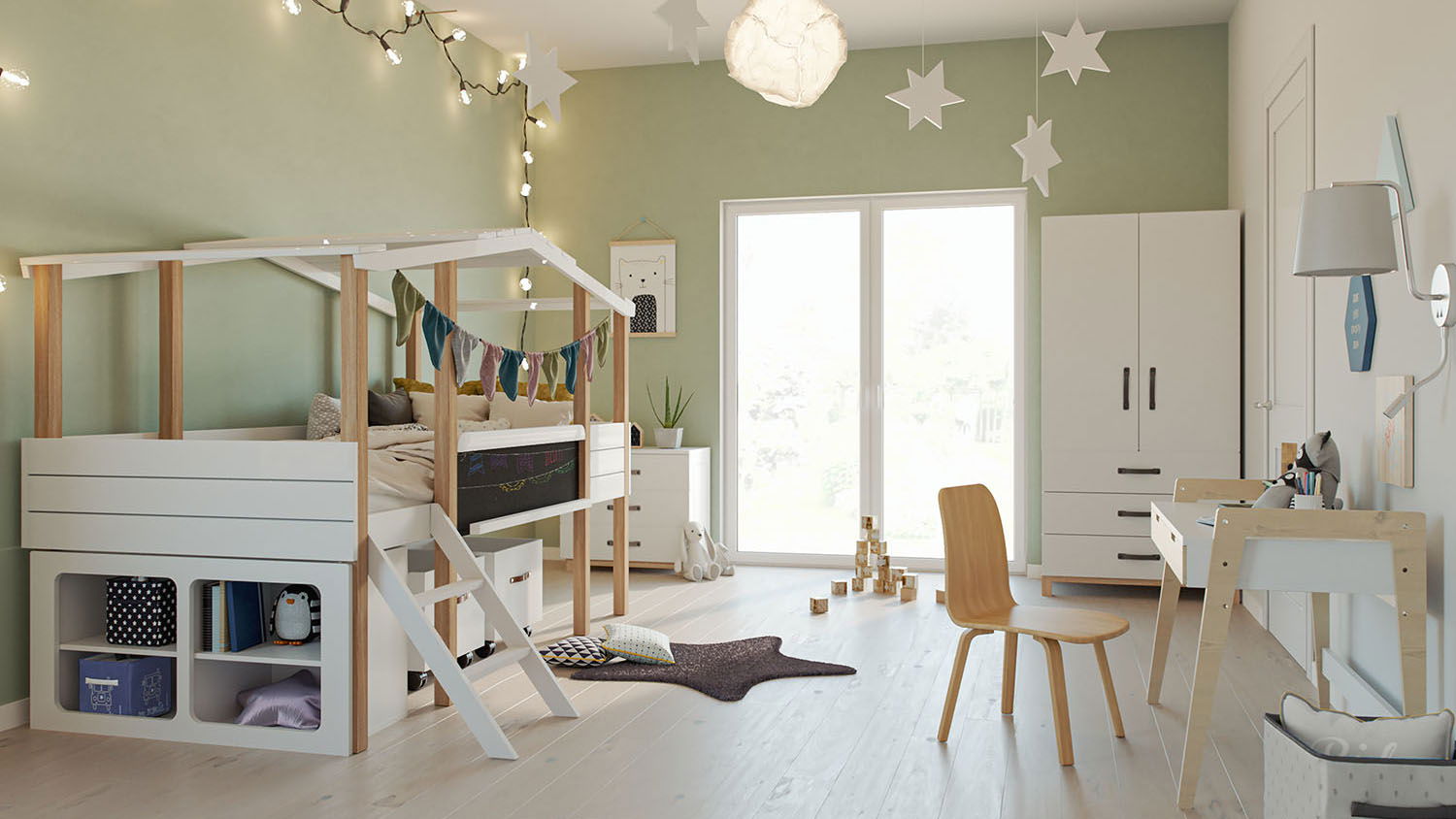 Kinderzimmer Cory mit Hausbett und Schreibtisch Cory (Bett, Schrank, Kommode, Unterstellregal, Spielzeugkisten, Schreibtisch und Rausfallschutz) zum Sonderpreis
