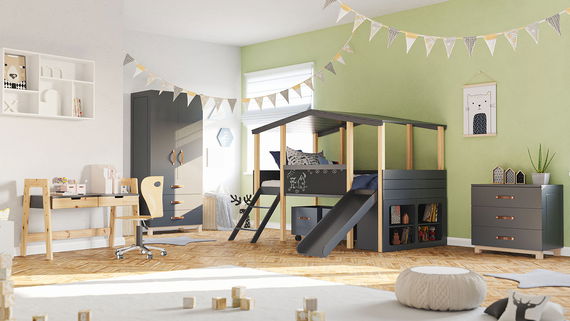 Kinderzimmer Set mit Schreibtisch 8-teilig Cory 90x200cm, Anthrazit