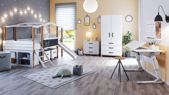 Kinderzimmer Cory mit Hausbett, Kommode, Schrank , Unterstellregal, Schreibtisch Luna und Spielzeugkisten