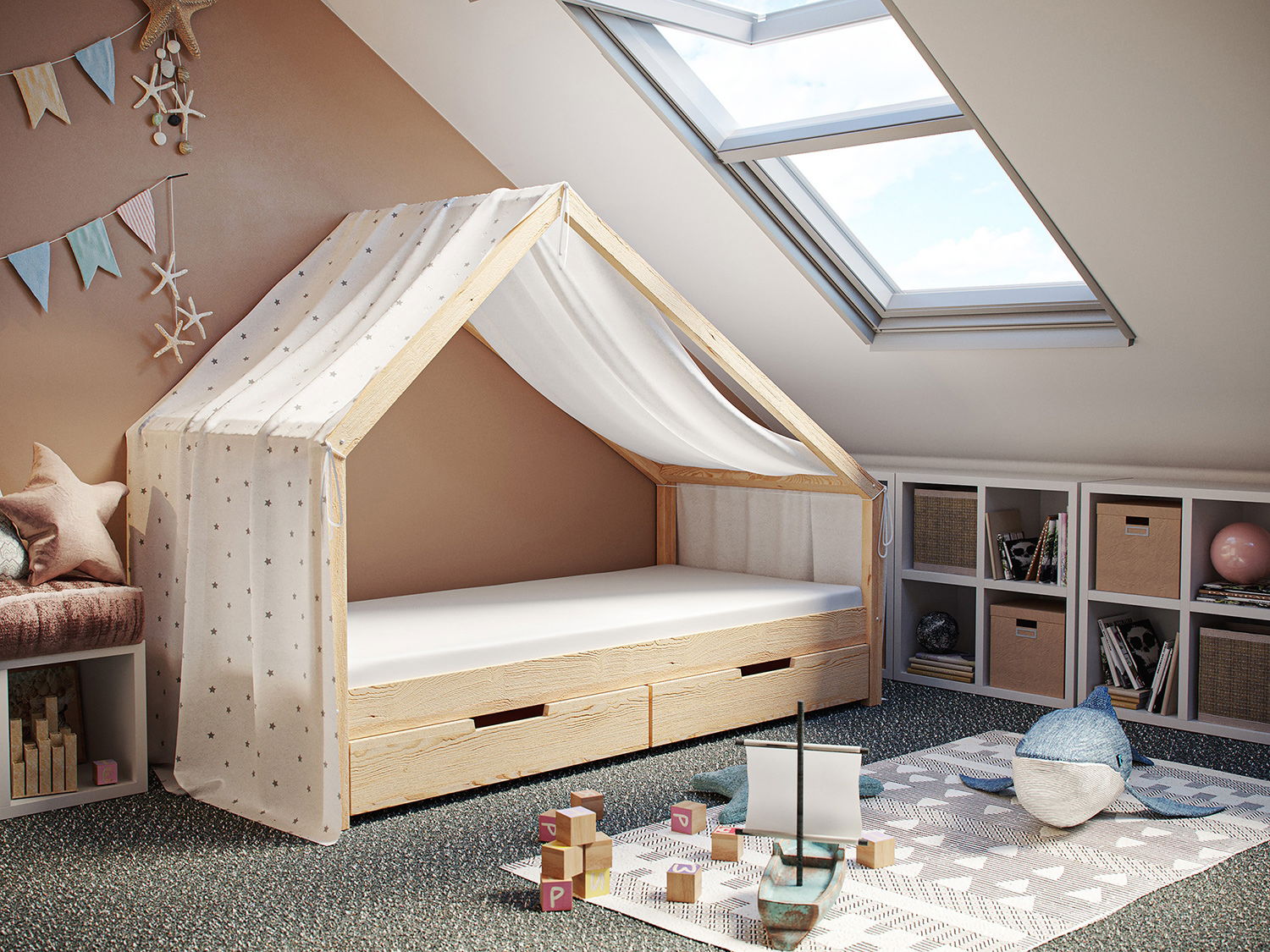 Stoffdach Betthimmel Hausbett Milo