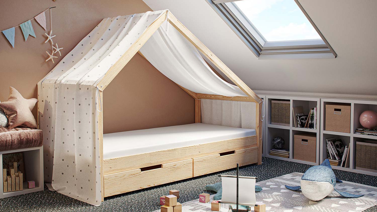 Stoffdach Betthimmel Hausbett Milo