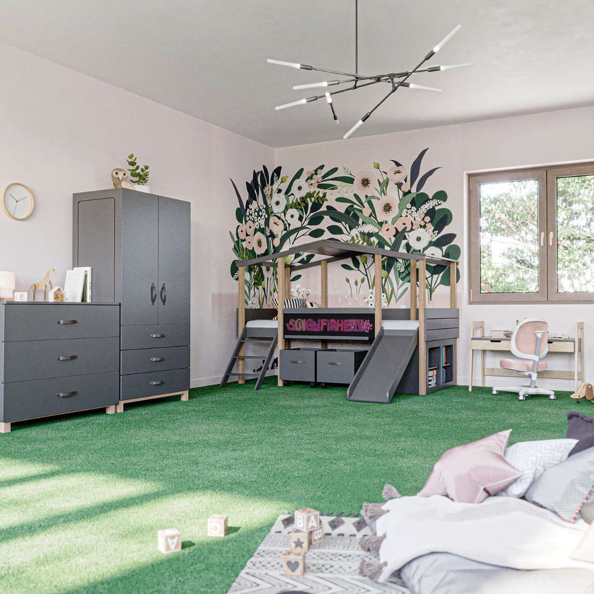 Kinderzimmer Set mit Schreibtisch 8-teilig Cory 90x200cm, Anthrazit