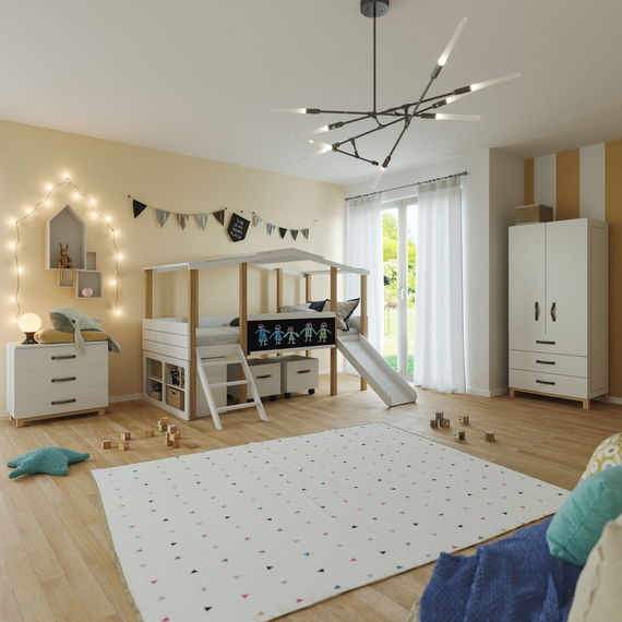 Ambiente Kinderzimmer Cory mit Hausbett in Weiß/Natur, in einem gelb/weißen Kinderzimmer