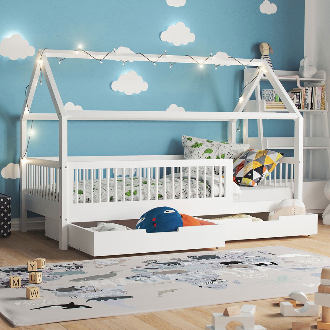 Das Bett kann auch mit Bettkästen und Gästebett genutzt werden (Abbildung ähnlich)